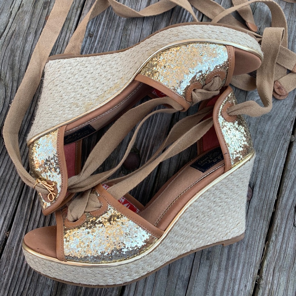 Milly for Sperry Topsider glittery gold sexy strappy tie ankle wedges- 8